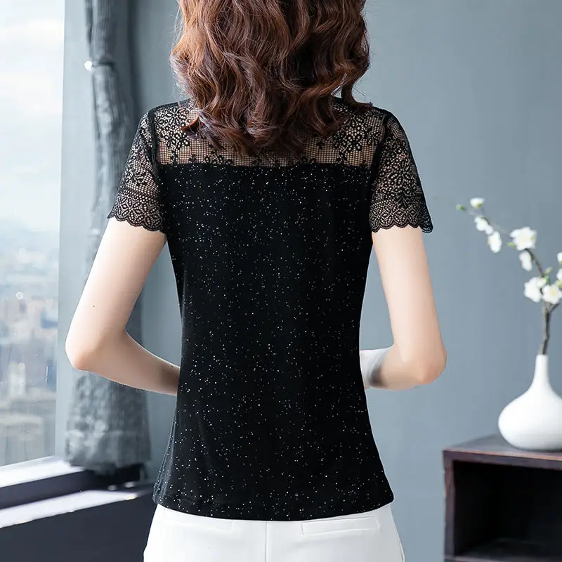 New Spring and Summer Women\'s Solid Colors Stand Collar Short Sleeve Spliced Lace Hollow Out Pullovers Fashion Trendy Tops