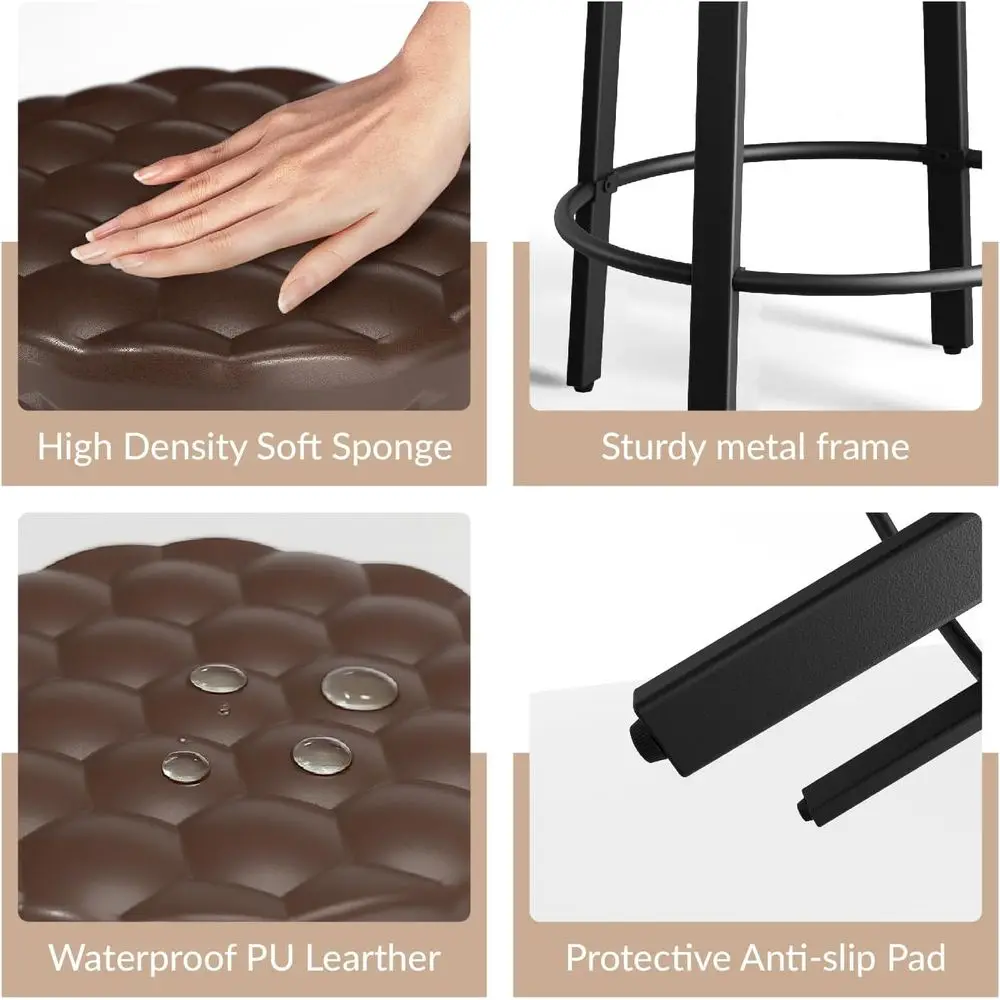 Set di 2, 24 sgabelli da bar alti impilabili in pelle PU, sedie imbottite rotonde senza schienale per cucina, sala da pranzo e caffè, marrone