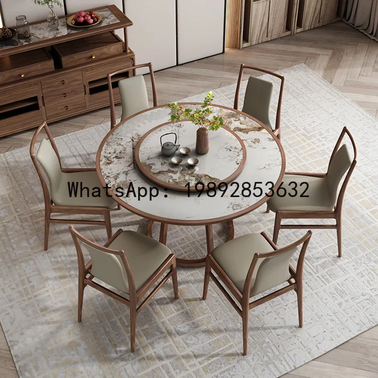 CZ Black Walnut Solid Wood Dining Table Zen Round Dining Table with Turntable Dining Chair Set