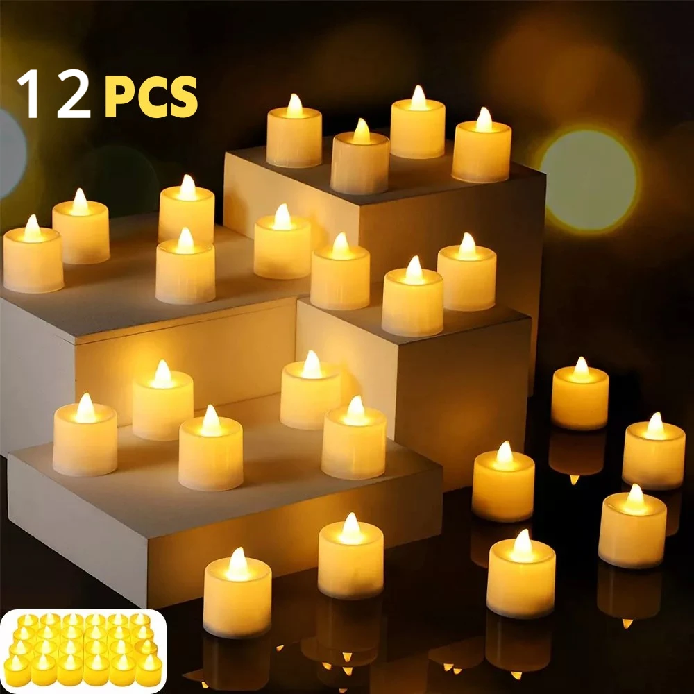 Vela LED sin fuego alimentada por batería, 1/12 horas falsas, vela eléctrica, luz de té, velas decorativas, candelabro, lámpara más cálida