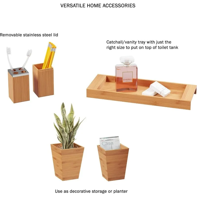 مجموعة ديكور الحمام مكونة من 5 قطع - إكسسوارات زينة من الخيزران مع سلة مهملات، طبق صابون، موزع صابون، حامل فرشاة الأسنان #4