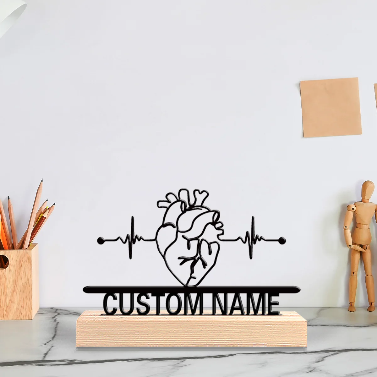 

1 шт. Забавная персонализированная металлическая статуэтка в виде ЭКГ-графика с деревянной подставкой, научная тематика, декор для врачей и психологов