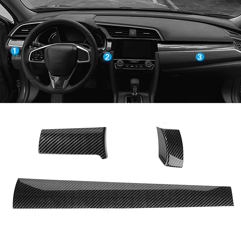 3Pcs Carbon Fiber Look Car Dashboard Panel Cover Trim Stickers for Honda Civic 10th Gen 2016-2021 Auto Interior Accessories view 2
