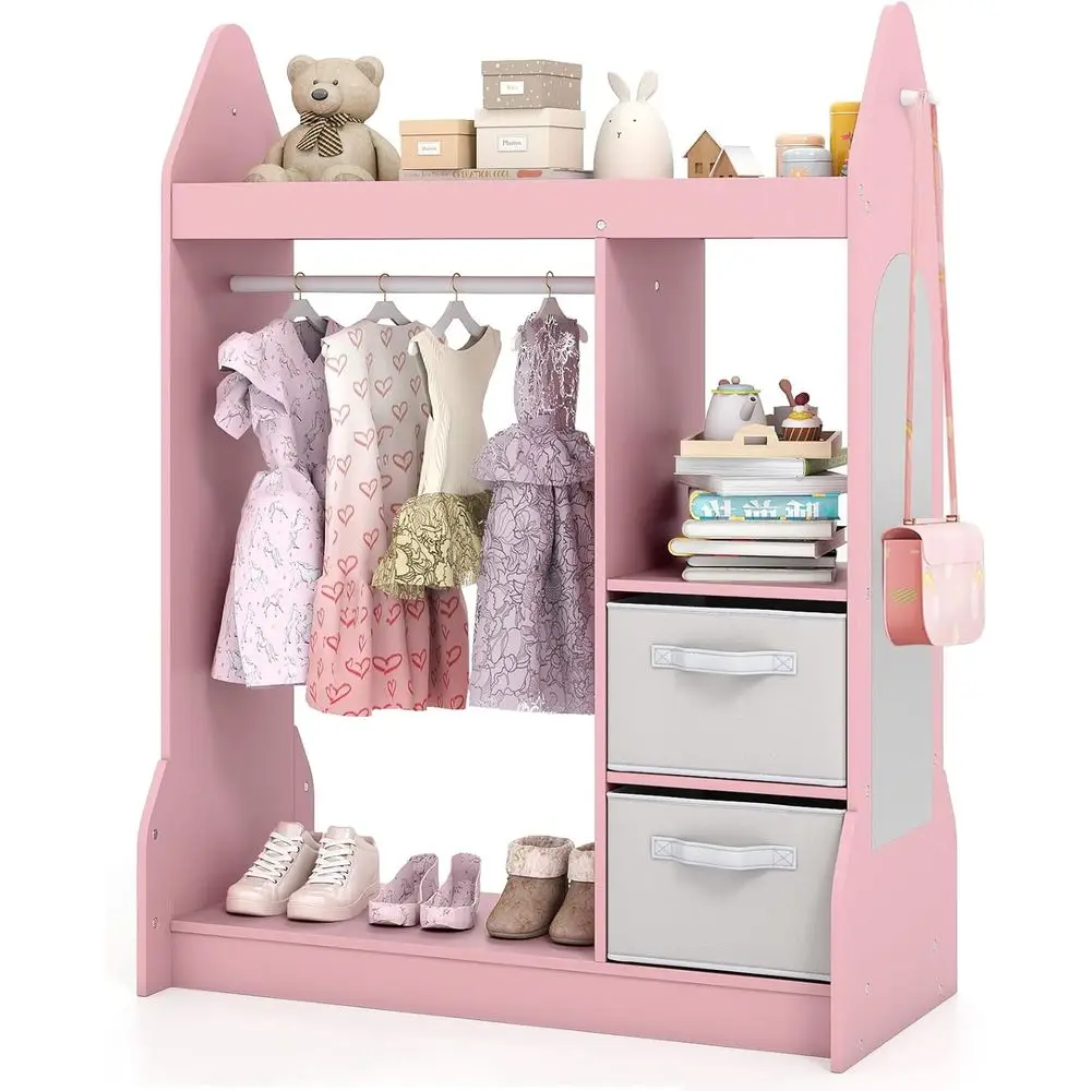 

Children's Mirrored Storage Unit with Clothes Rack, Shelves, Fabric Bins, and Wardrobe for Playroom or Bedroom