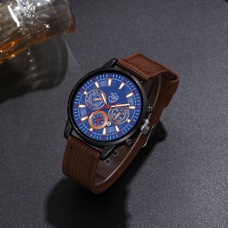 2PCS Set Fashion Mens Watches Man Business Quartz Wristwatch Luxury Nylon Wristwatch Men Casual Brown Wallet Set