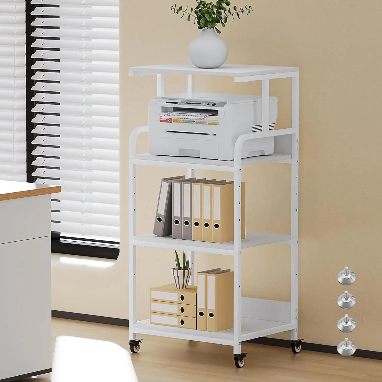 

4-Tier White Printer Stand with Wheels, Extra Large Tall Printer Table with Storage Shelf, 4 Tier Printer Cart,