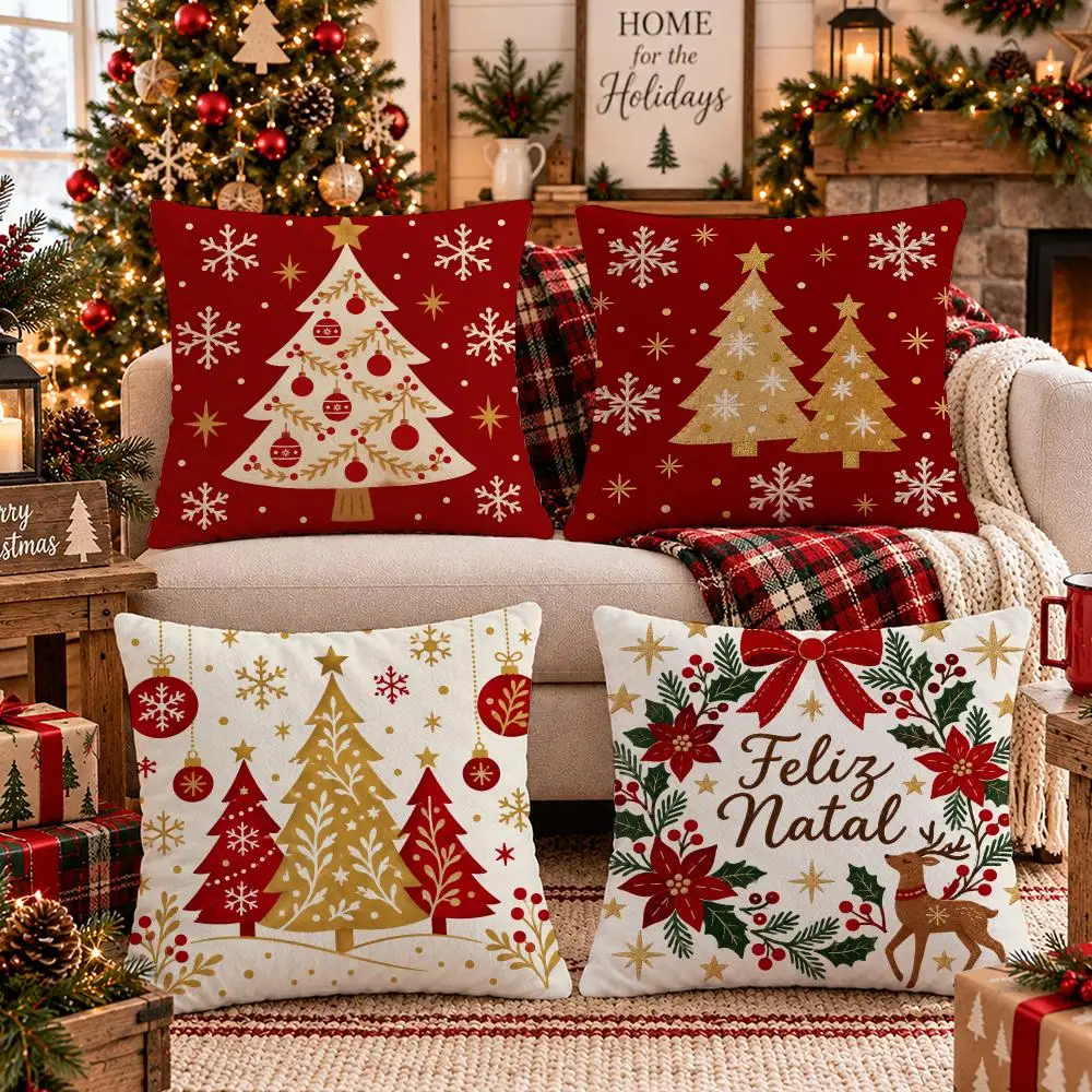 Red Gold Christmas Trees Cushion Cover Soft Short Plush Pillow Cover Smooth Cozy Texture Cushion Case Home Decor