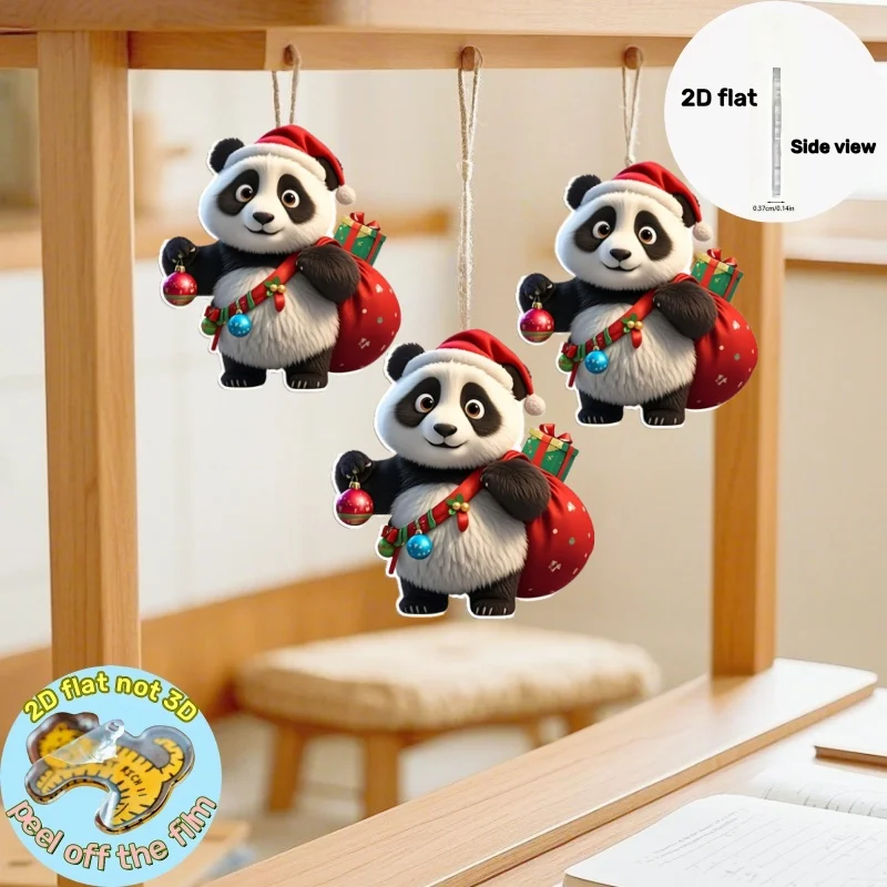 2D عيد الميلاد الباندا سيارة قلادة مع قبعة سانتا شقي شنقا زخرفة الاكريليك زينة احتفالية ملحق عطلة هدية المحفظة #3