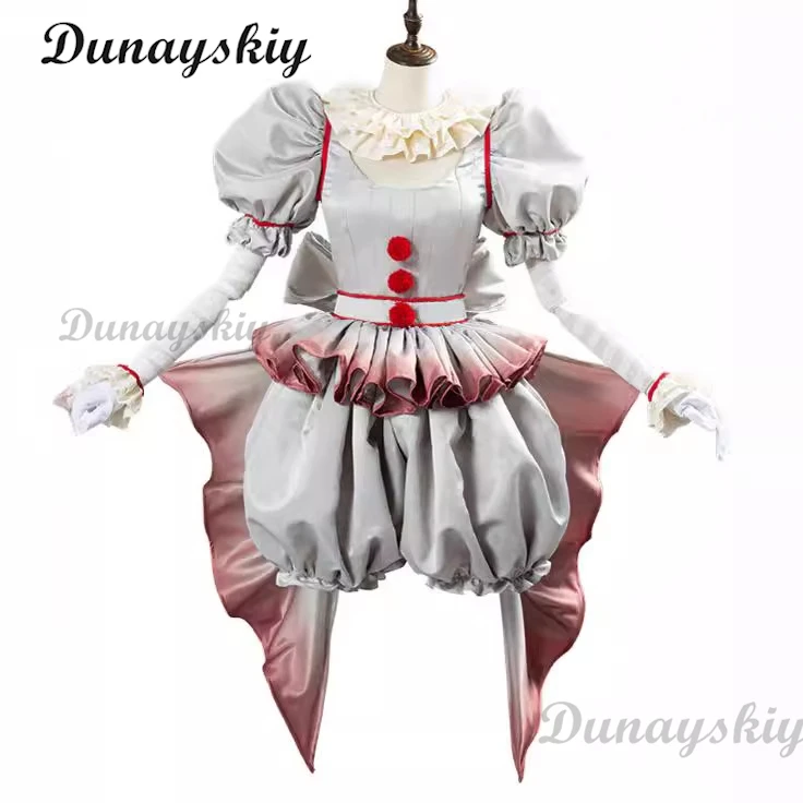 Filme palhaço pennywise cosplay traje genderswap halloween horror lolita vestir-se feminino fantasia vestido carnaval festa conjunto completo