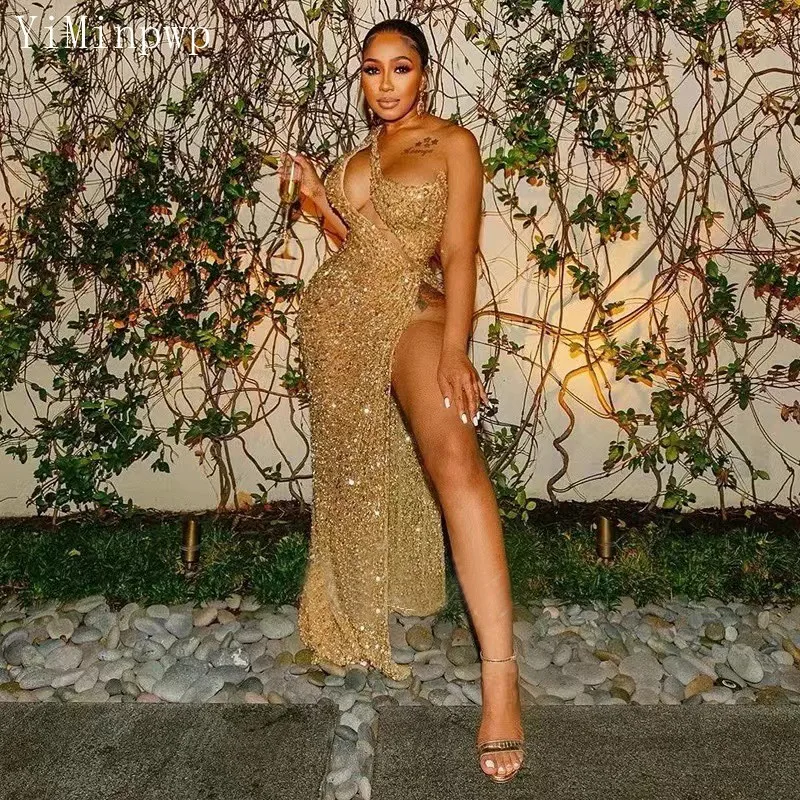 Gold Mermaid Evening Dresses One Shoulder Cut-Out Thigh-High Slits Sequin Africa Birthday Celebrity Party Gowns Customized