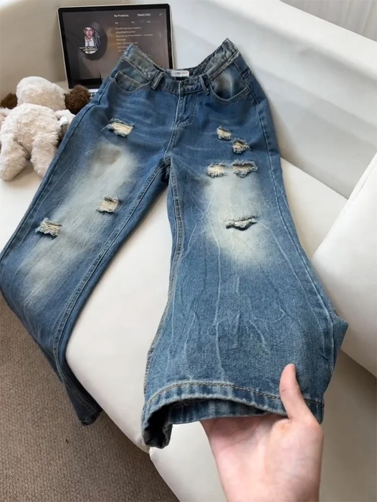 

Джинсы Waed Denim мужские летние, прямые, в стиле High Street, с эффектом похудения, расклешенные, с принтом «Молния» и манжетами