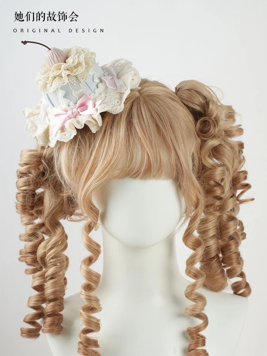 Lolita Original Handmade Blue Paper Cup Cake Billycock Headdress Lace Hair Band Bow KC Hair Accessories