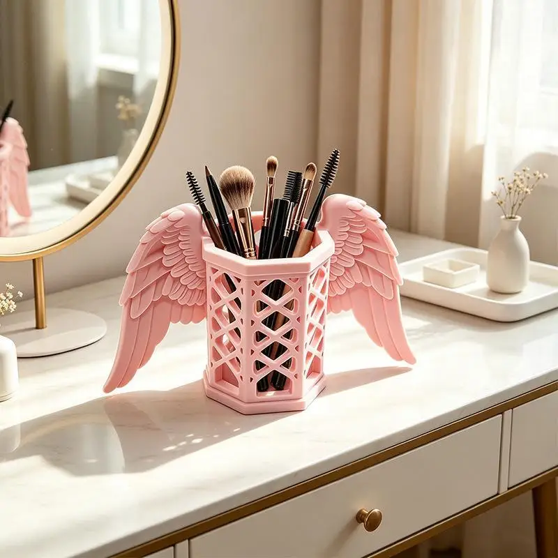 Minimalist Angel Wing Desktop Organizer Hollow Pen Makeup Brush Holder for Home Office Desk Bedroom Vanity