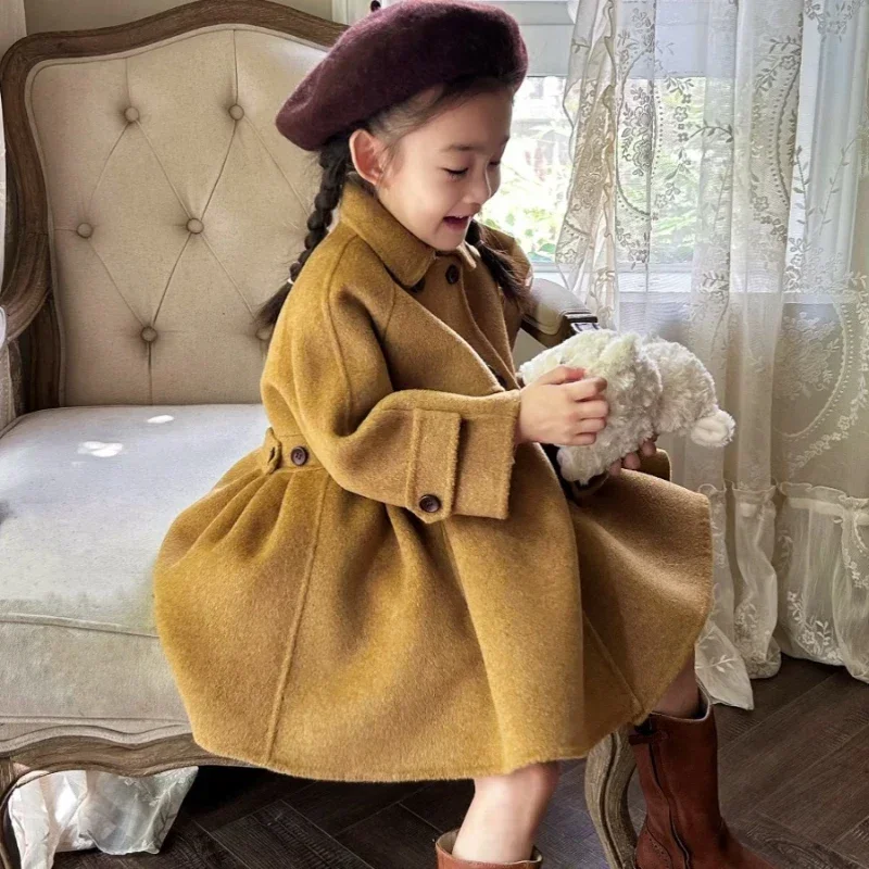 2024 Korean Children Vintage 100% Wool Double Sided Cashmere Handmade Kids Girl's Coat Turmeric Large Skirt Outerwear Clothing