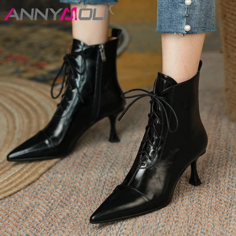 ANNYMOLI Genuine Leather Ankle Boots Winter Women Shoes Thin High Heel Boots Pointed Toe Zipper Ladies Sexy Boots Beige 2021 New