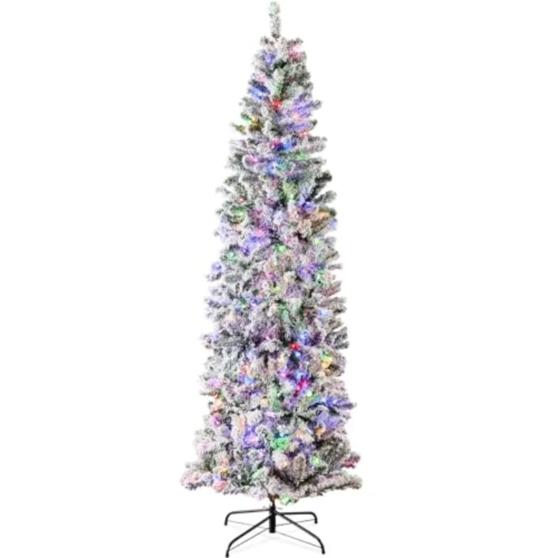 Flocked Pencil Christmas Tree, Pre-Lit Slim 6ft Artificial Holiday Decoration, 2-in-1 White & Multicolor Lights