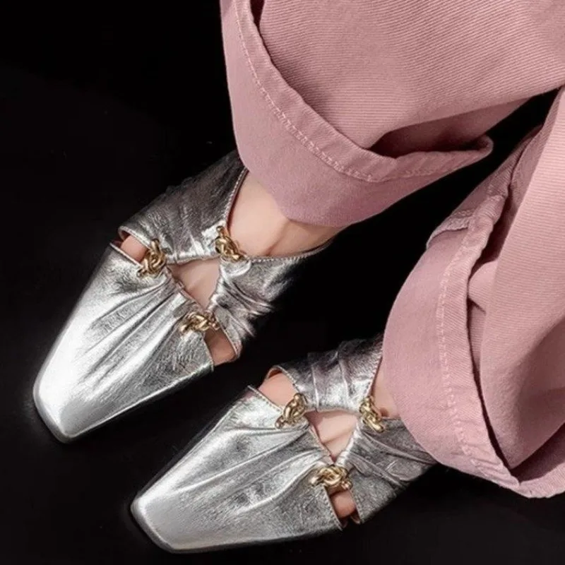 Soft Leather Niche Design Baotou Slippers Women's 2026 Spring and Summer Triangle Buckle Hollow Block Heel Pleated Sandals