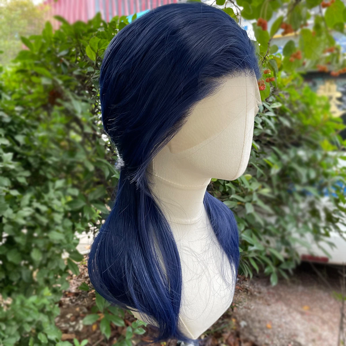 Dark Blue Rocker Cosplay Wigs for Men 13x4 Synthetic Lace Front Wigs for Women Shoulder Length Short Curly Wigs with Ponytails