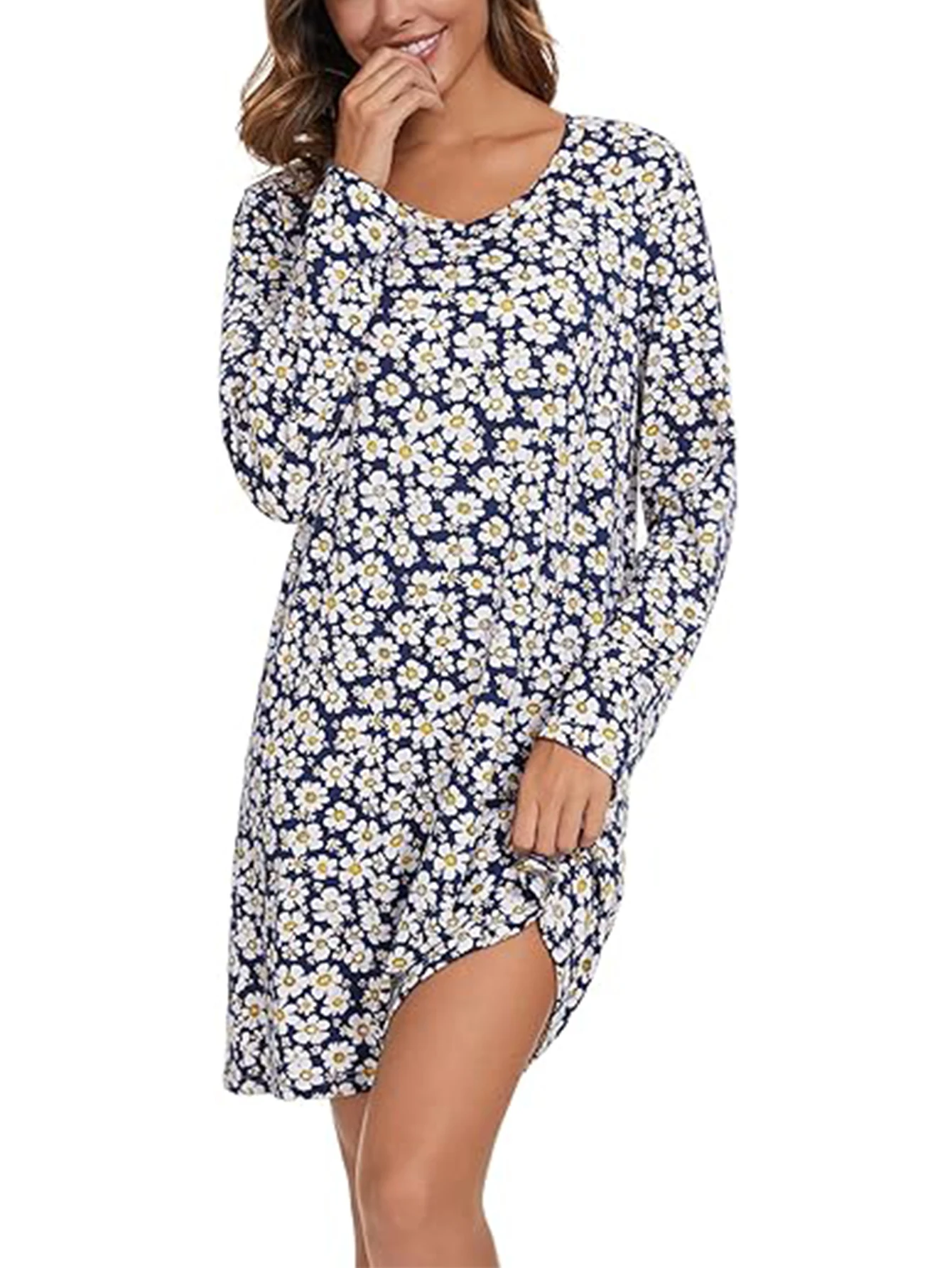 2pcs Ditsy Floral Nightdress Set Soft Stylish V Neck Long Sleeve Sleep Dresses For Women Casual Feminine Sleepwear Ensemble