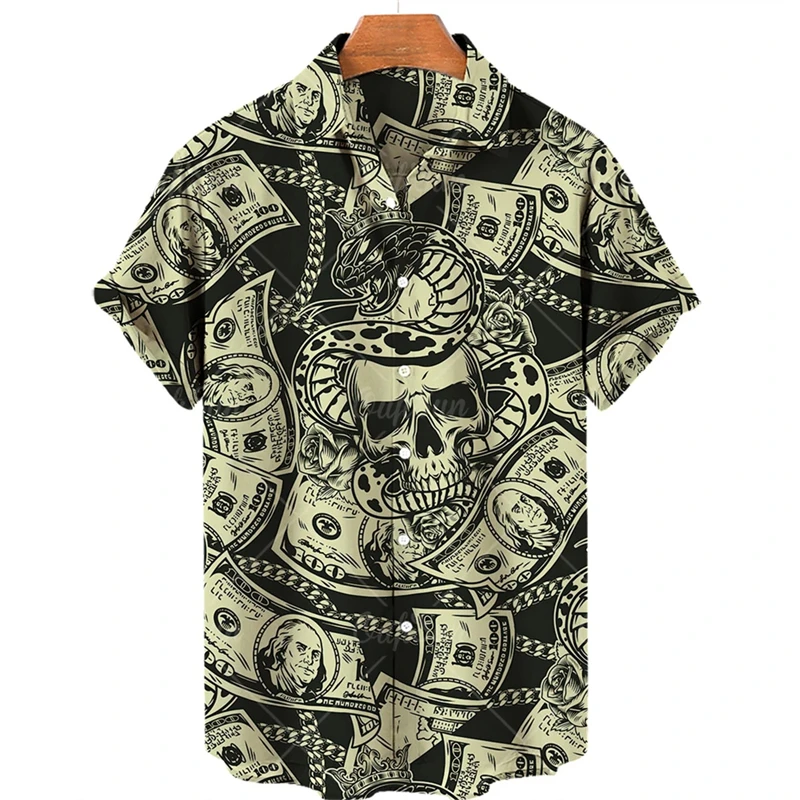 

Vintage Skull Dollar Graphic Shirts For Men Clothes Punk Luxury USD 3D Printed Blouses Funny Hawaiian Male Tops Y2k Beach Shirts