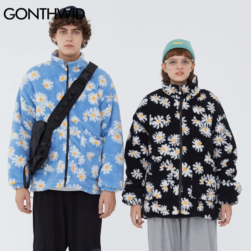 GONTHWID-Parkas gruesas acolchadas de algodón, ropa de calle, estampado de Margarita de Hip Hop, abrigos cálidos de lana con cremallera completa,