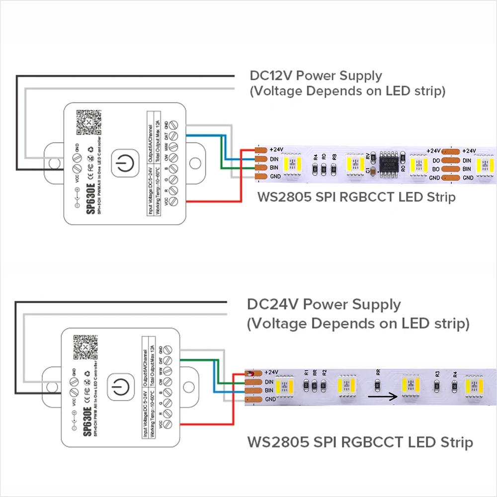 WS2805 بكسل LED قطاع ضوء RGBCCT 5 في 1 أضواء Led قابلة للعنونة إشارة مزدوجة RGB WW CW 3000K-6500K 12V 24V 60LED 1IC إلى 4/6LED