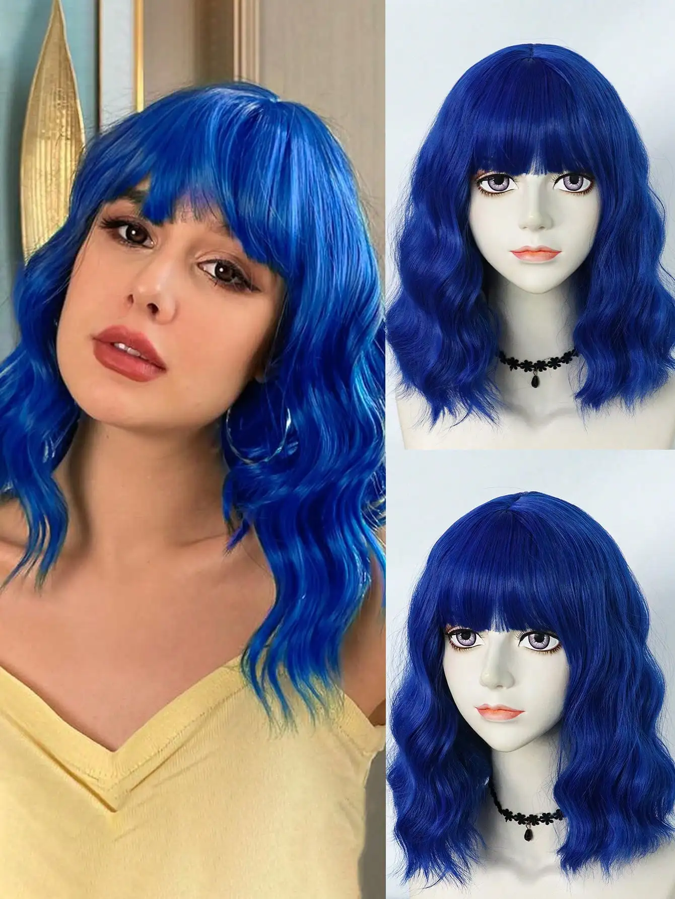 باروكات صناعية للنساء شعر مستعار قصير مموج ومجعد مع غرة بطول الكتف 14 بوصة، شعر مستعار صناعي مموج عصري