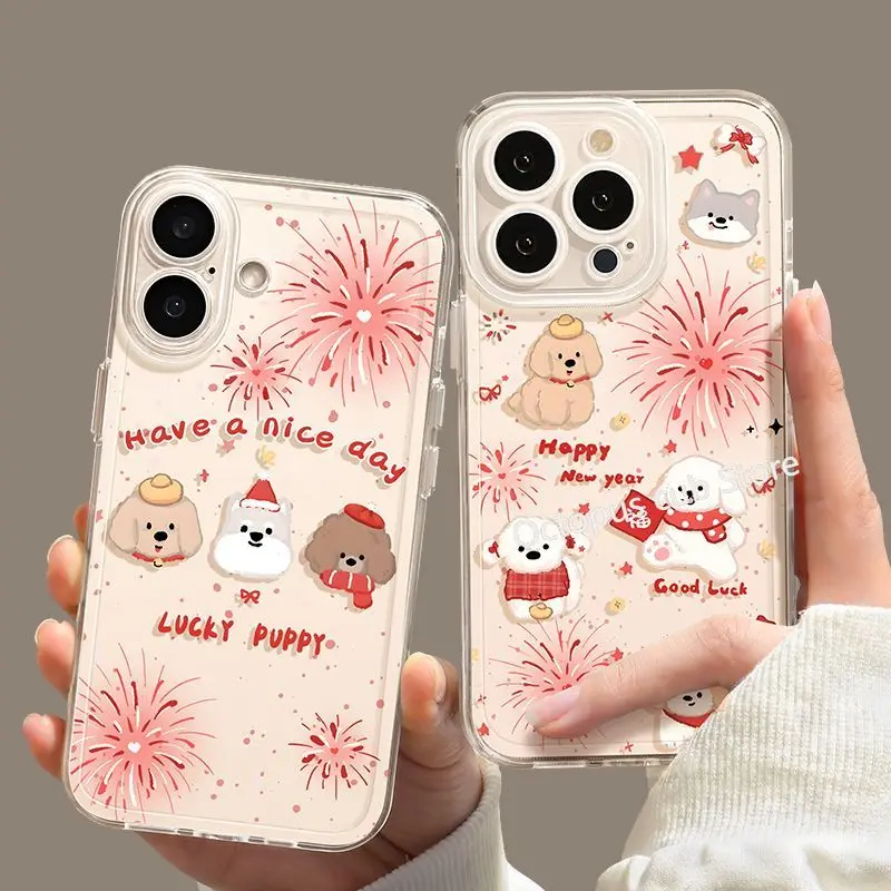 Fireworks Puppy Mobile Phone Case for IPhone 16 15 14 Pro Max Transparent  Holiday Phone Case for IPhone 13 12 11 XR XS MAX