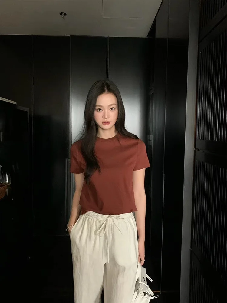 

New Short Sleeve Knitted Cotton T-Shirt Women's Commute Style Summer Thin Rib round Neck Pure Color Versatile Simple Design