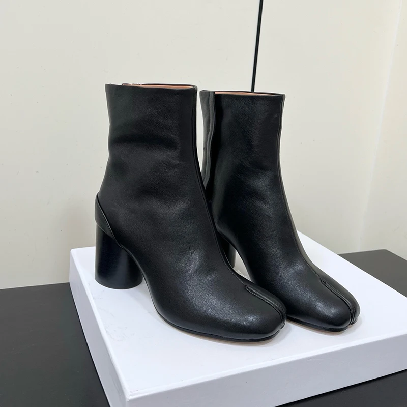 Damen-Stiefeletten aus echtem Leder, 2025, neues Splittoe-Design, High Heels, Schaffellfutter, handgefertigte kurze Stiefel