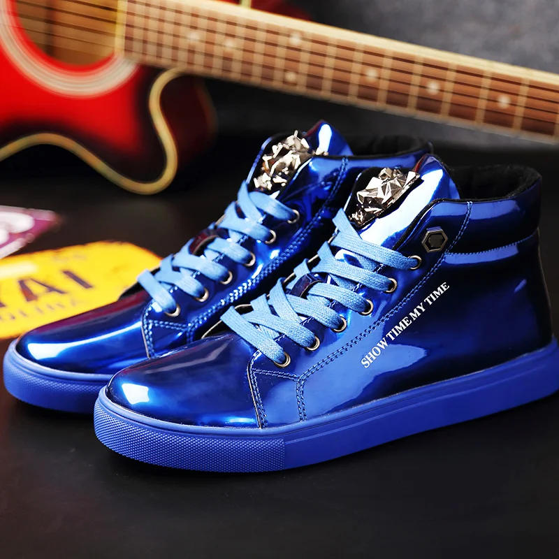 

Luxury Brand Blue Men Vulcanized Shoes Leather Bright Men's Designer Shoes Non-slip High Top Skateboard Sneakers Man Big Size 47