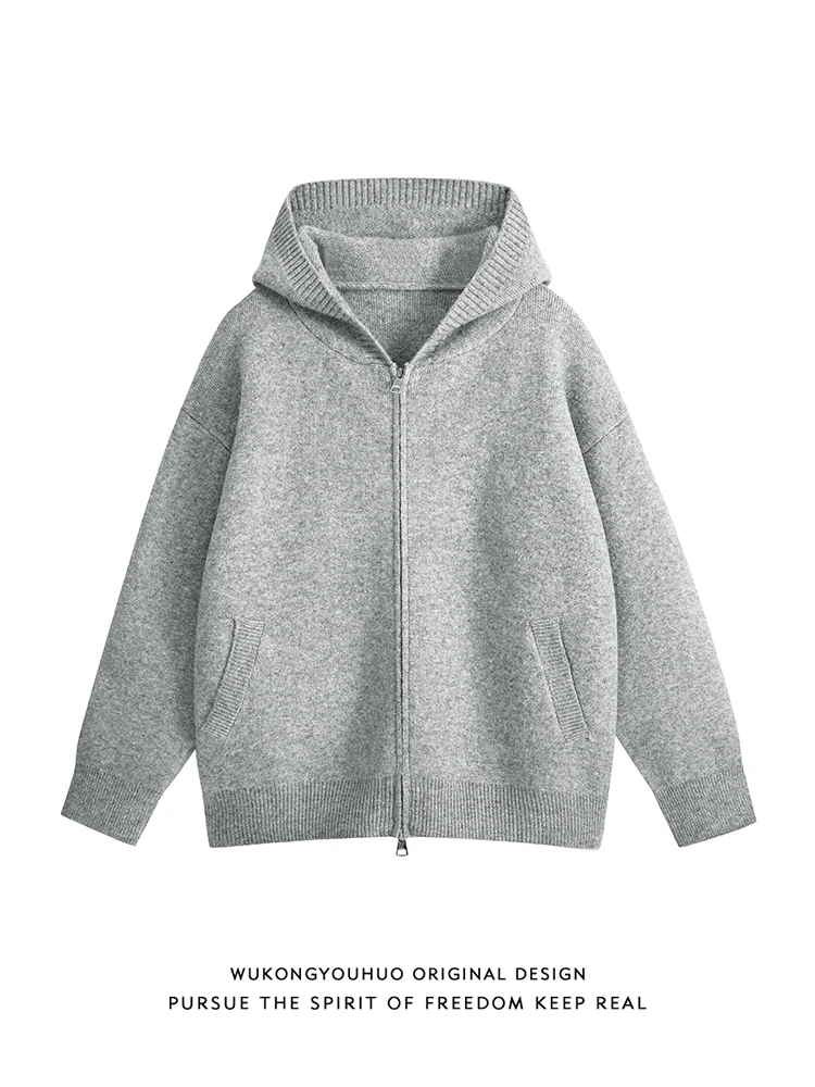 

Повседневный вязаный кардиган на молнии с капюшоном, удлиненный, из смесового полиэстера, для осени