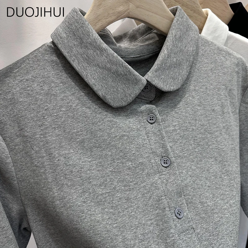 DUOJIHUI Grey Basic Polo Neck Knitting Slim Female T-shirts Summer Chicly Button Fashion Solid Color Casual M-2XL Women T-shirts