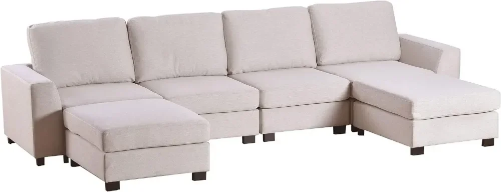 

For U-Shaped Living Room 3 Pieces Upholstered Sectional Sofa Sets with Removable Ottomans, Beige