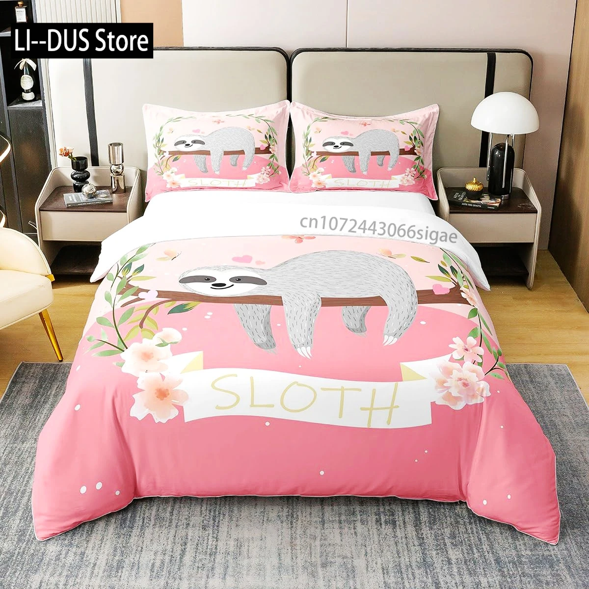 

Cute Sloth Duvet Cover Set, Sweetly Smiling Animal Decorative 3 Piece Bedding Set with 2 Pillow Shams, Twin Full Queen King Size
