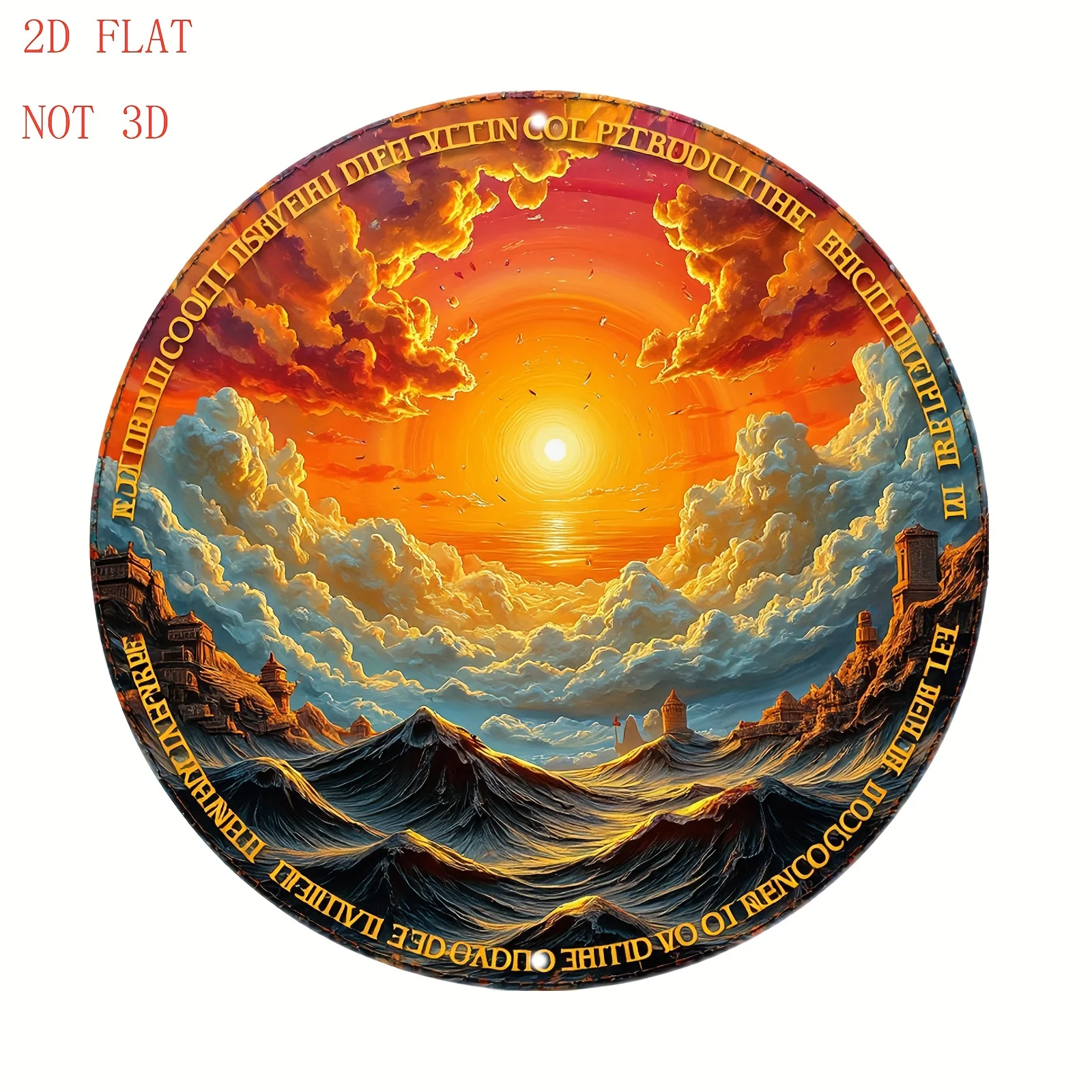 2D Flat - 2D Plane - Artistic Round Aluminum Wall Decoration, Depicting an 8-Inch Ocean Sunset Scene, Including Waves And Clouds