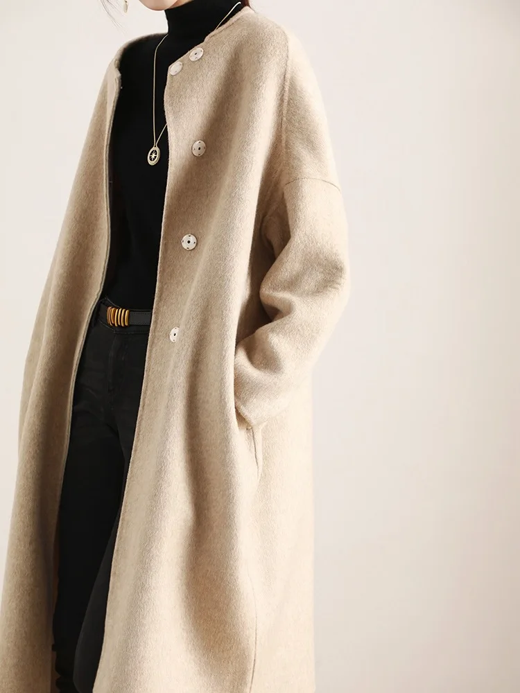 Women's 100% merino wool coat casual solid color long cardigan coat collarless double-sided tweed pocket single-breasted street