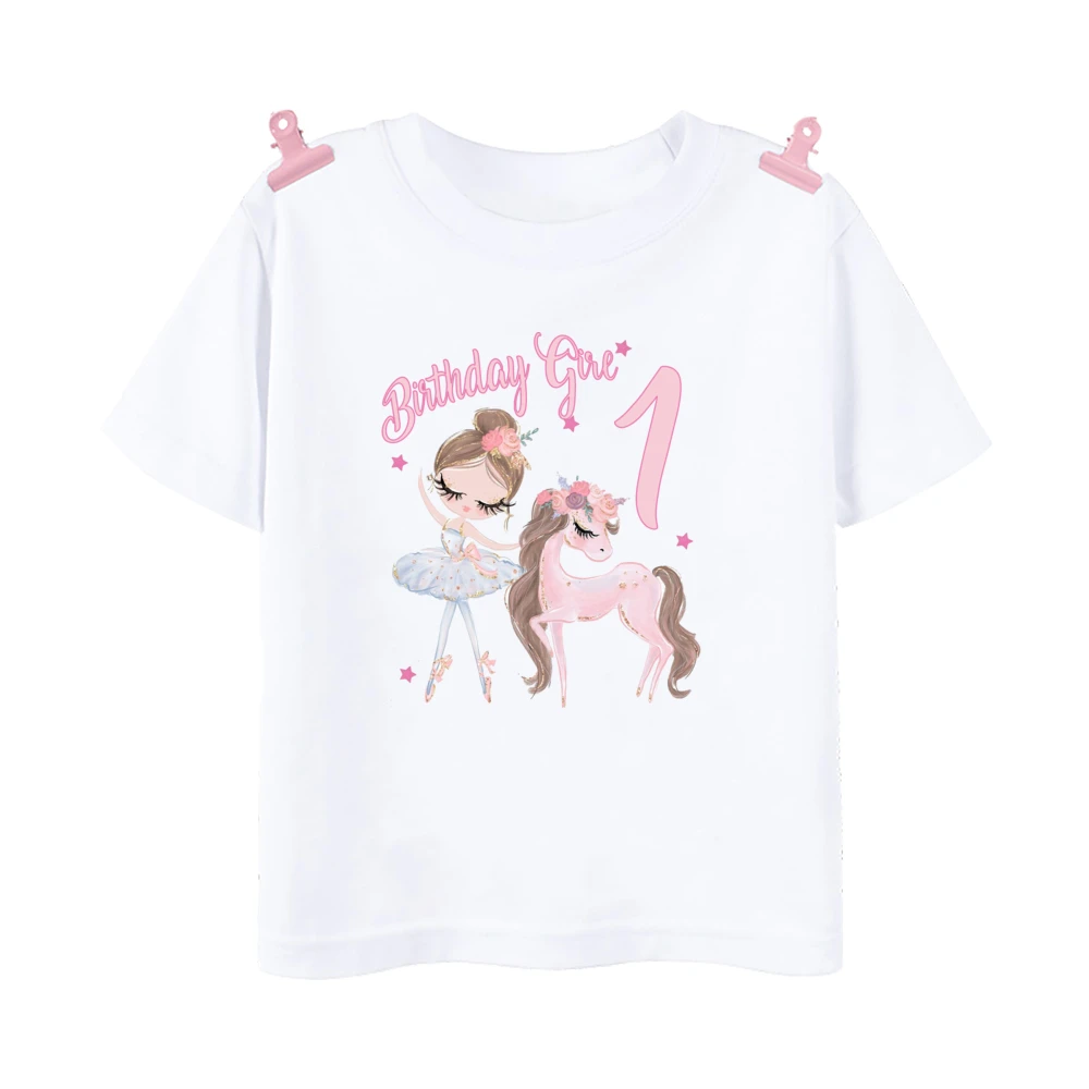 Kids Pink Ballerina Pony Print T-shirt 1-12 Birthday Party Outfit Tops Birthday Girls Short Sleeve T Shirt Clothes Gift for Girl