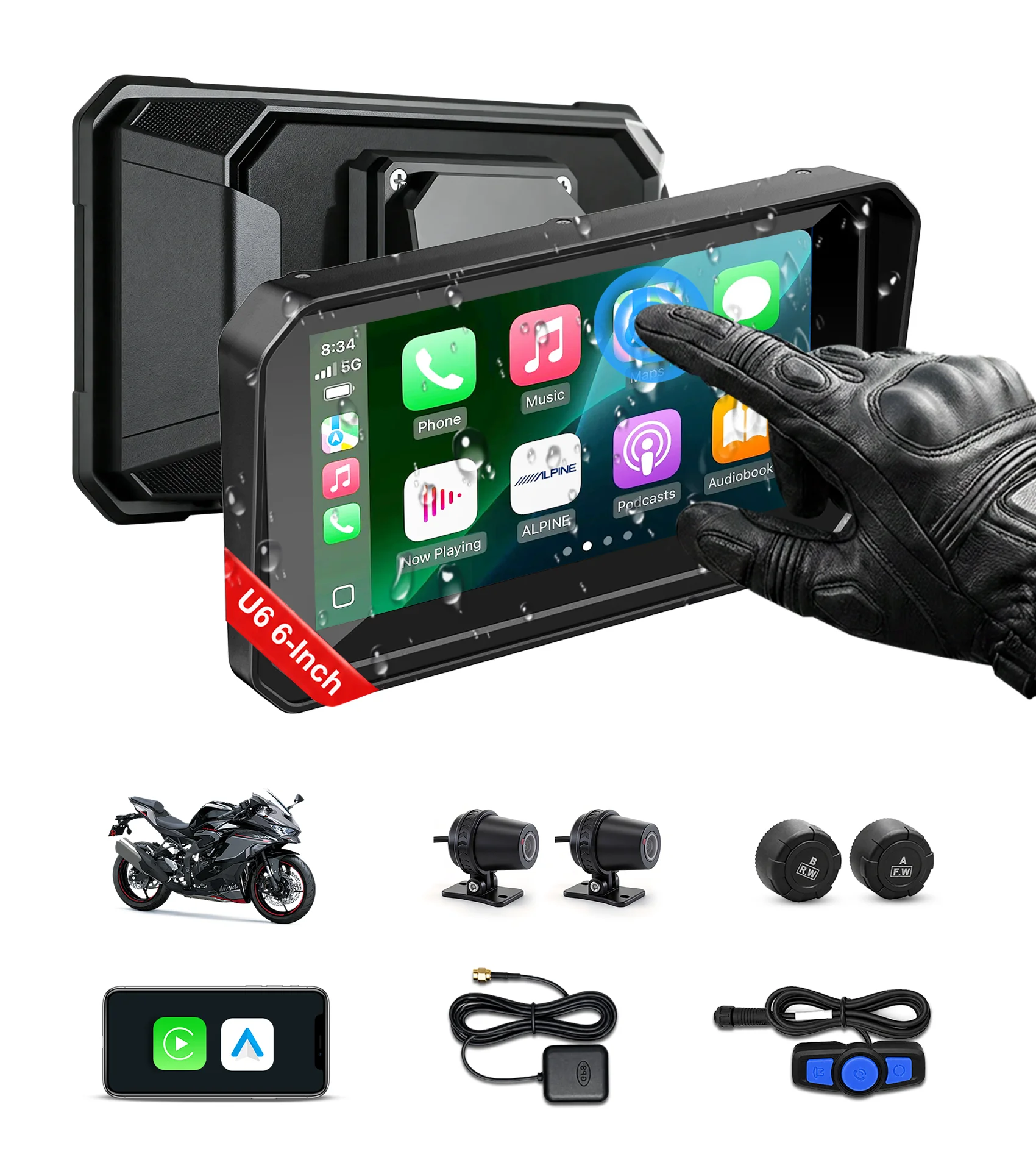 Aoocci Motorcycle Carplay, Touchscreen for Apple CarPlay & Android 14 OS Android Auto, 1080P, GPS Navigation, TPMS