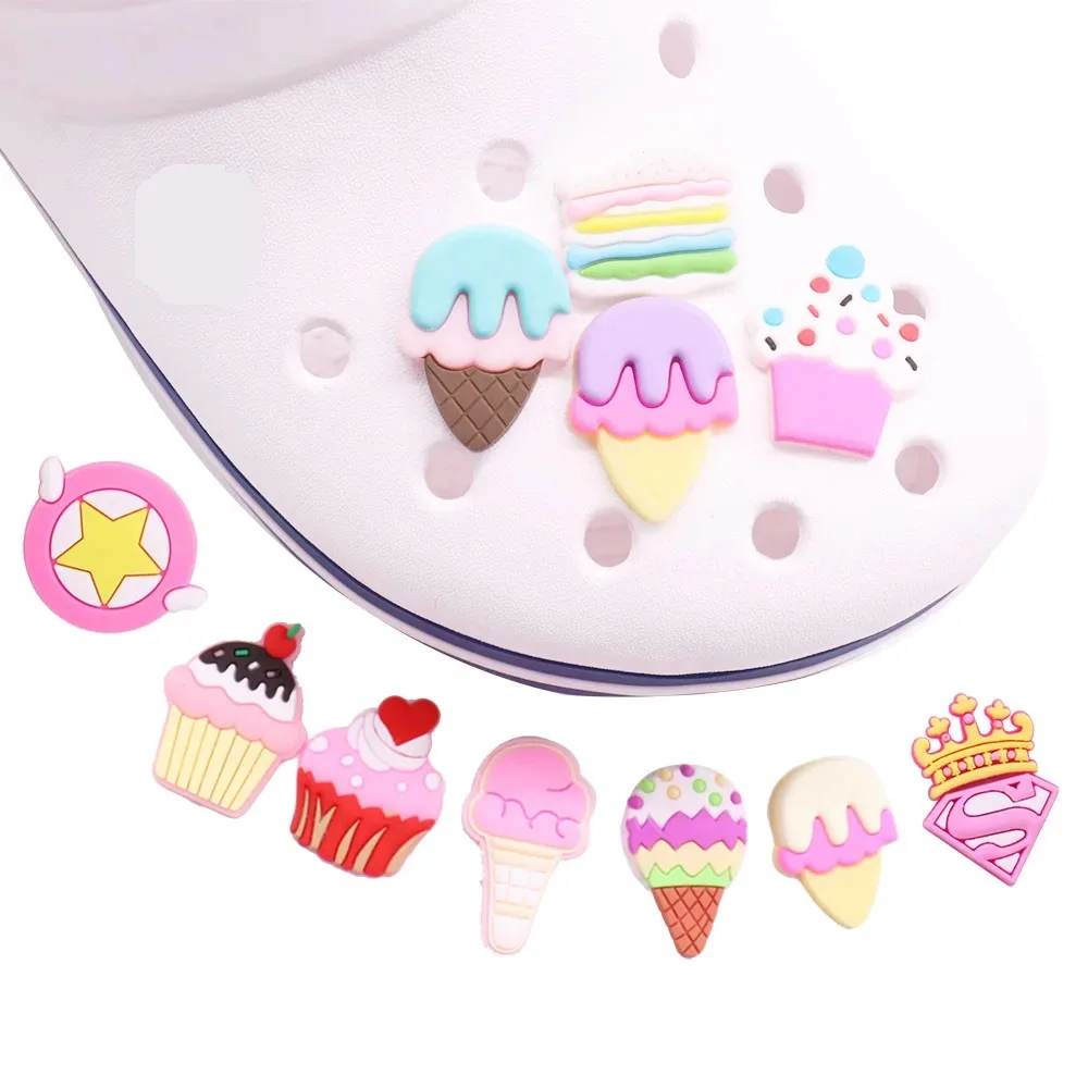 50Pcs PVC Shoe Charms Ice Cream Cone Cake Star Shield Accessories Shoe Buckle Decorations Fit Bracelets Hot Gift Children Gift