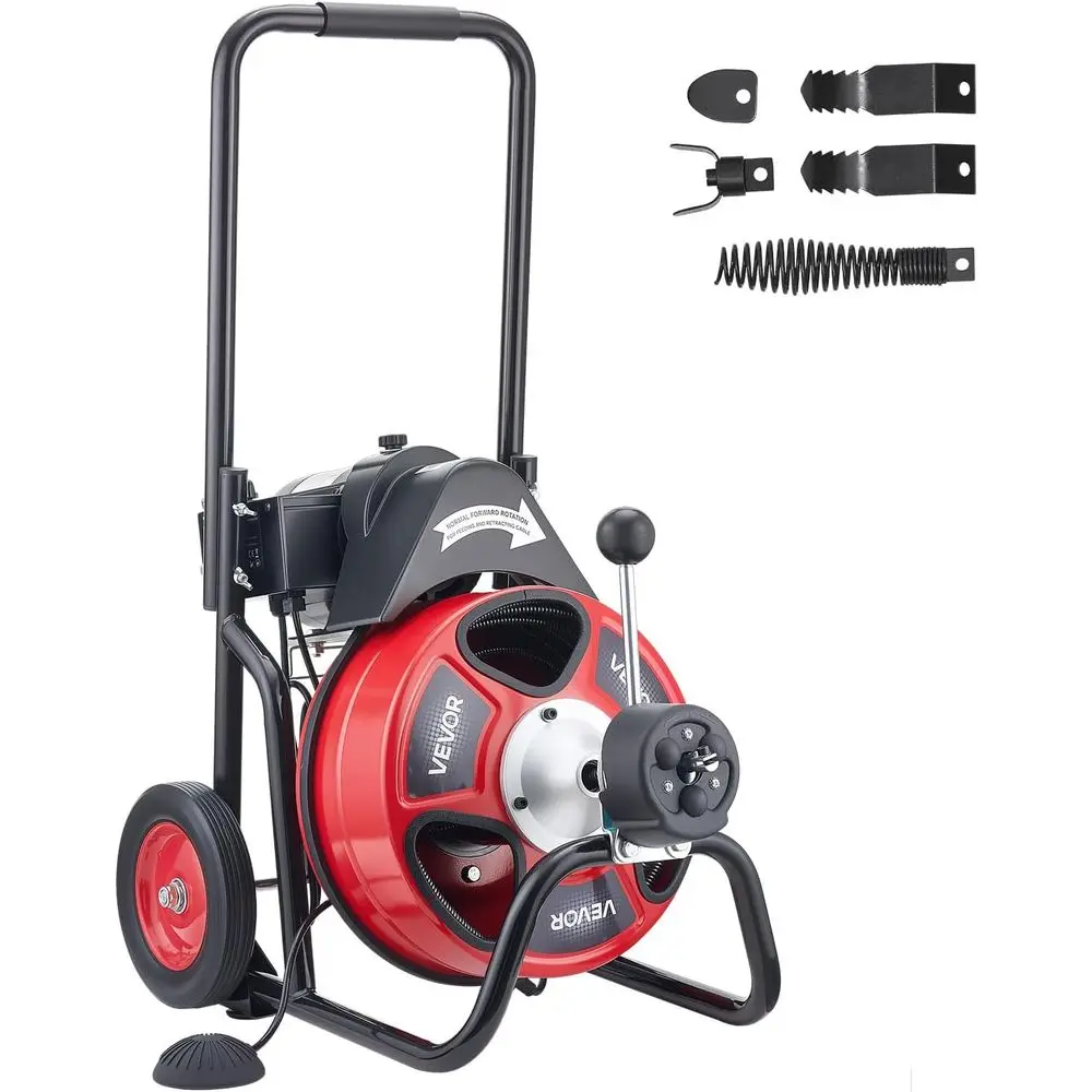 Drain Cleaner hine 100 T x 1/2 Inch, Auto eed Sewer Snake Auger on Wheels, Portable Drain Cleaning hine with 4 Cutters & Air-ted