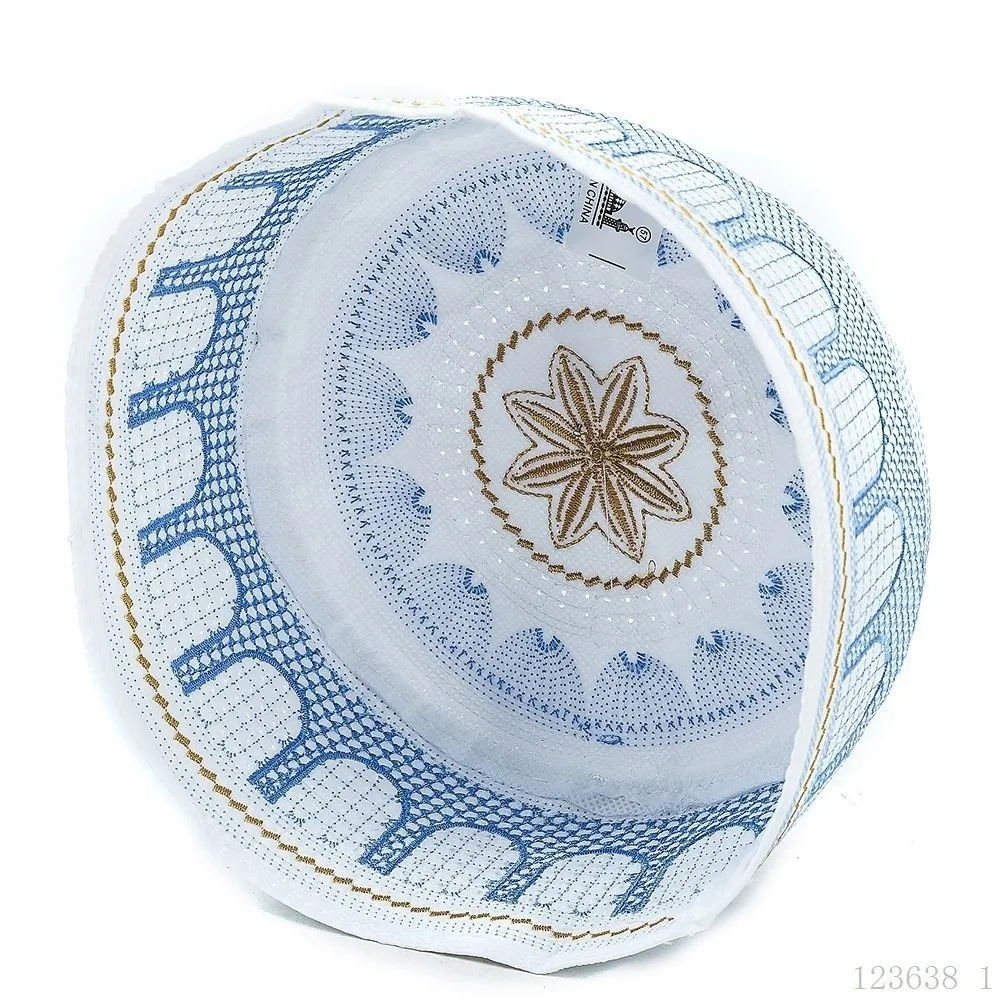 Traditional Muslim Hat Embroidery Design Round Shape Prayer Hat Polyester Saudi Arabian Style Islamic Cap Cultural Events
