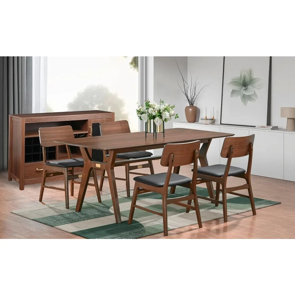 Dining Table Set for 4-8, Includes 1 Table 4 Chairs & 1 Sideboard, Walnut Veneer Top, Solid Wood Frame, Natural Wood Grain