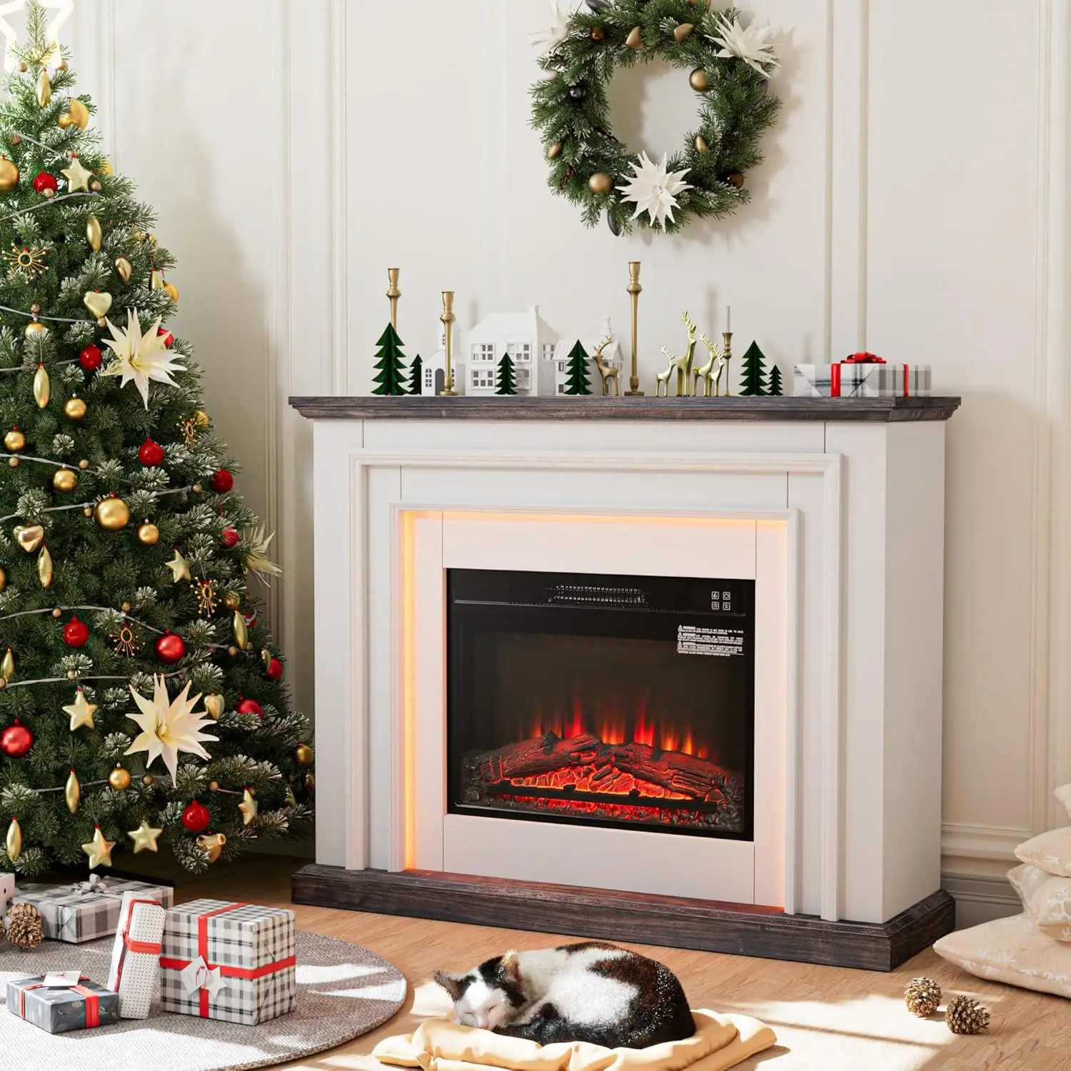 

44 Inches LED Lights Electric Fireplace with Mantel, Tall Fire Place Heater Freestanding,