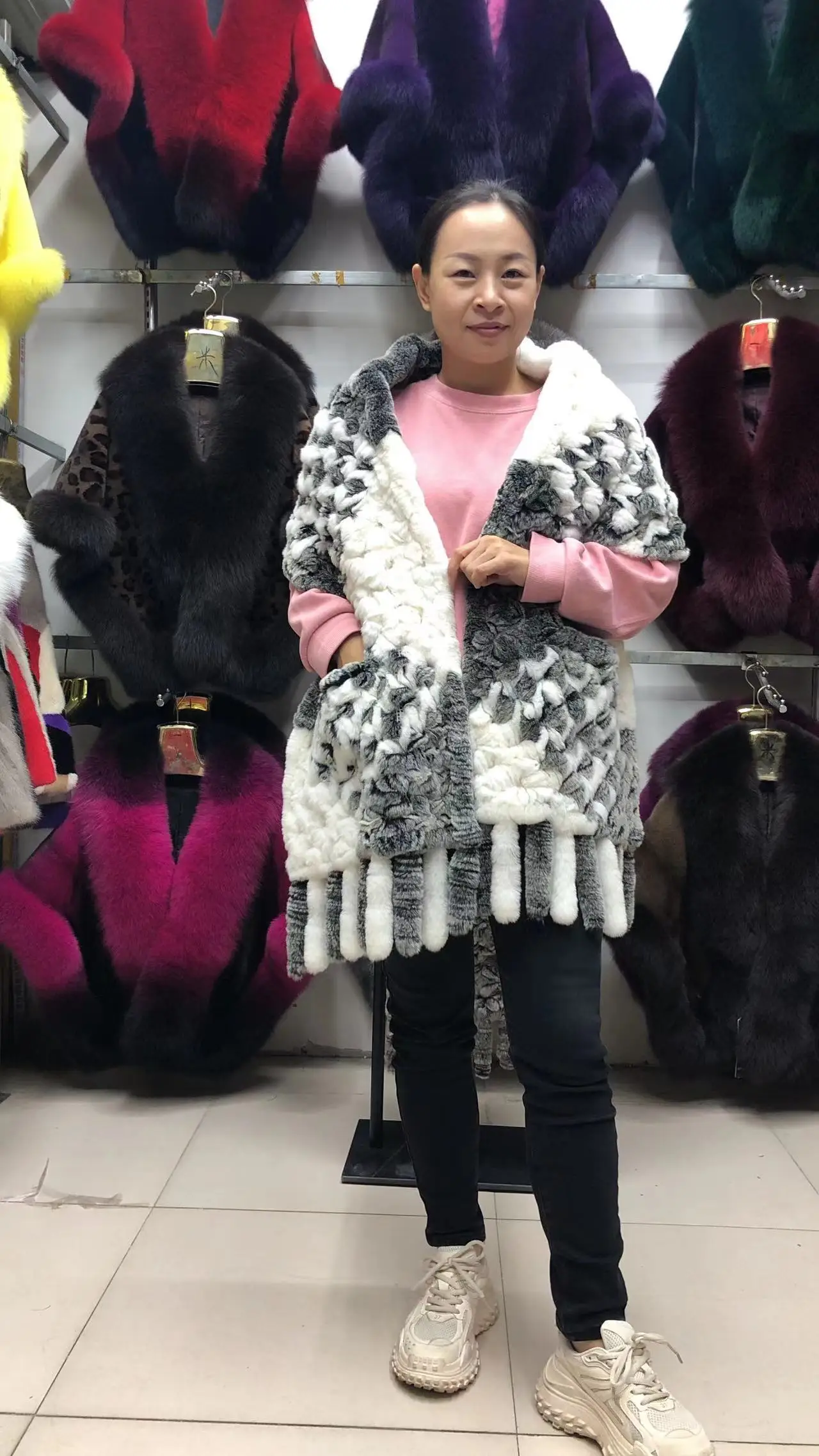 190*36cm Winter Gestrickte Echt Rex Kaninchen Fell Schal mit Tasche Breite Frauen Natürliche Kaninchen Fell Quaste Schal warm Langen Fell Schals – Detail 15