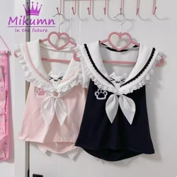 Mikumn Harajuku Kawaii Cat Cartoon Lolita Style T Shirt Girls Y2k Lace Rabbit Ears Slim Crop Top Tees Fairy Grunge Cute T-shirts