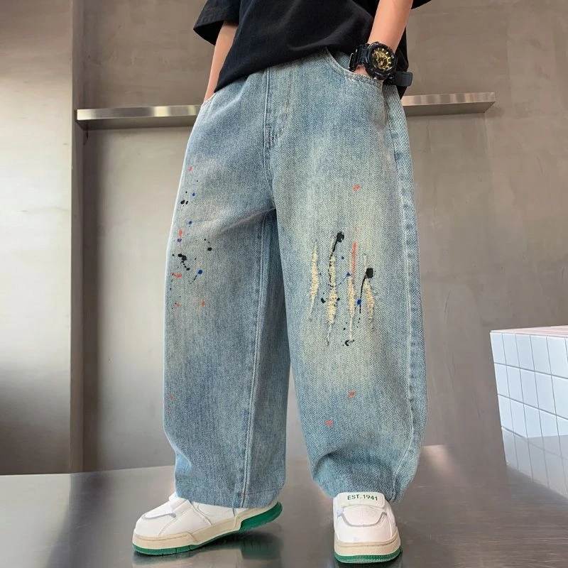 

2025 New Boys' Ripped Straight Leg Jeans for Toddler & Kids Multi-Season Long Pants