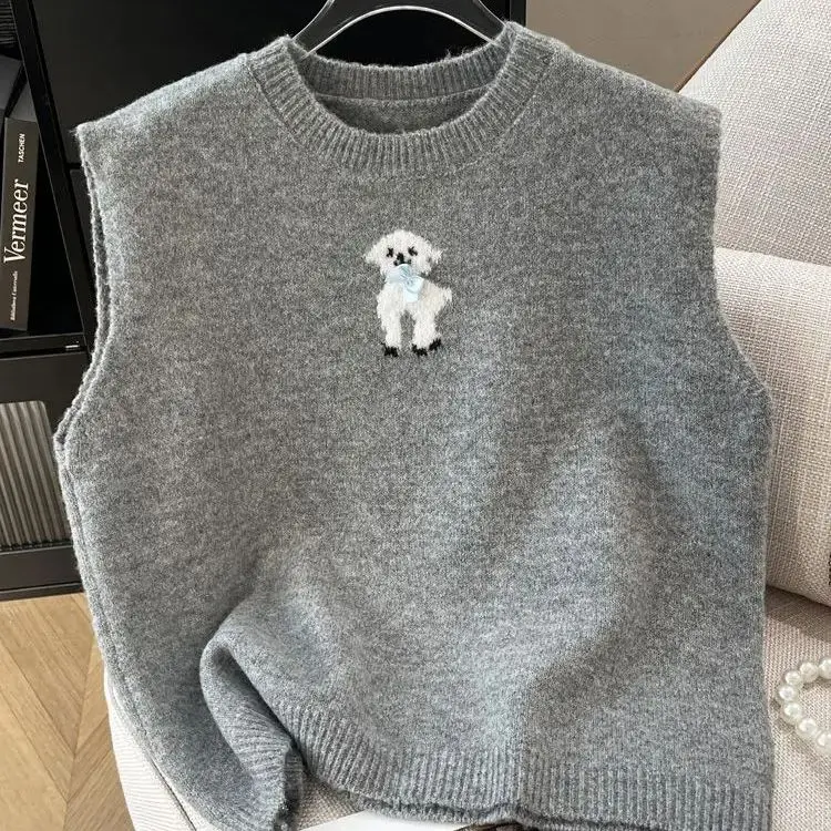 Sweater Vest Women Autumn Casual Round Neck Simple Sleeveless Harajuku Puppy Print Retro Pullover Versatile Knitted Top