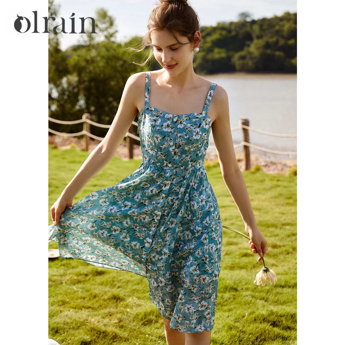 

OLrain Floral Printed Dresses Women 2025 Summer Midi Sundress Square Collar Woman Vacation Fashion Lady New in Dress O21QL53898