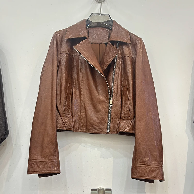 Women Genuine Sheepskin Leather Moto Biker Style Short Jacket Coat Autumn Real Leather Motorcycle Jacket